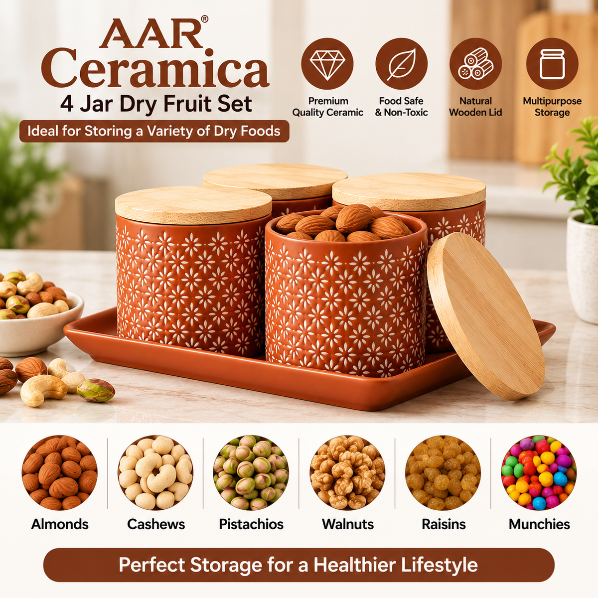 AAR Ceramica-4 Jar Dry Fruit Set | Stylish 4-Jar Storage Set for Dry Fruits, Nuts, Snacks & Kitchen Décor