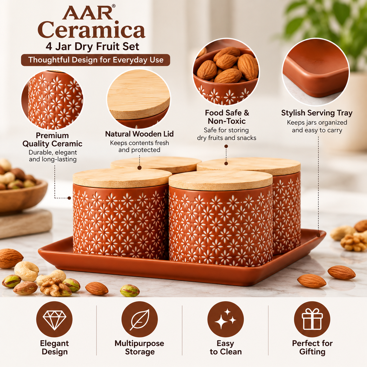 AAR Ceramica-4 Jar Dry Fruit Set | Stylish 4-Jar Storage Set for Dry Fruits, Nuts, Snacks & Kitchen Décor