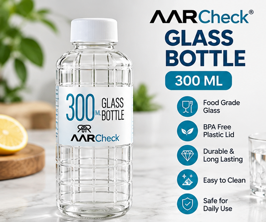 AARCheck Glass Bottle 300 ML with Plastic Lid | Reusable Clear Glass Water Bottle for Juice, Milk & Beverages