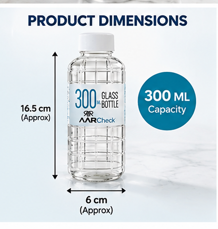 AARCheck Glass Bottle 300 ML with Plastic Lid | Reusable Clear Glass Water Bottle for Juice, Milk & Beverages