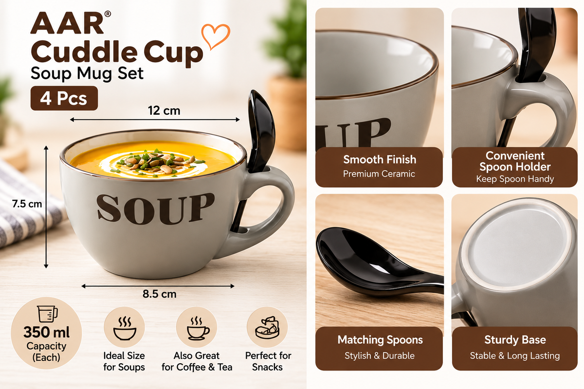 AAR Cuddle Cup 4 Pcs Ceramic Soup Mug Set with Spoon Holder, Soup Cups for Coffee, Tea, Noodles and Hot Beverages, Stylish Kitchen Drinkware Set