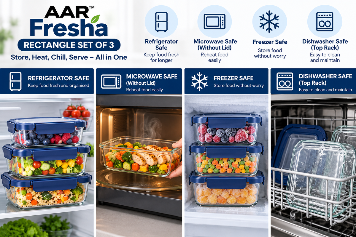 AAR Fresha Rectangle Glass Food Storage Containers Set of 3, 370ml + 640ml + 1040ml, Airtight Leakproof Blue Lids, Premium Borosilicate Glass Containers for Kitchen, Meal Prep, Snacks & Leftovers