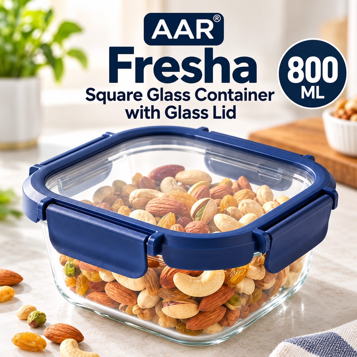 AAR Fresha Square 800 ML Glass Food Storage Container with Airtight Glass Lid
