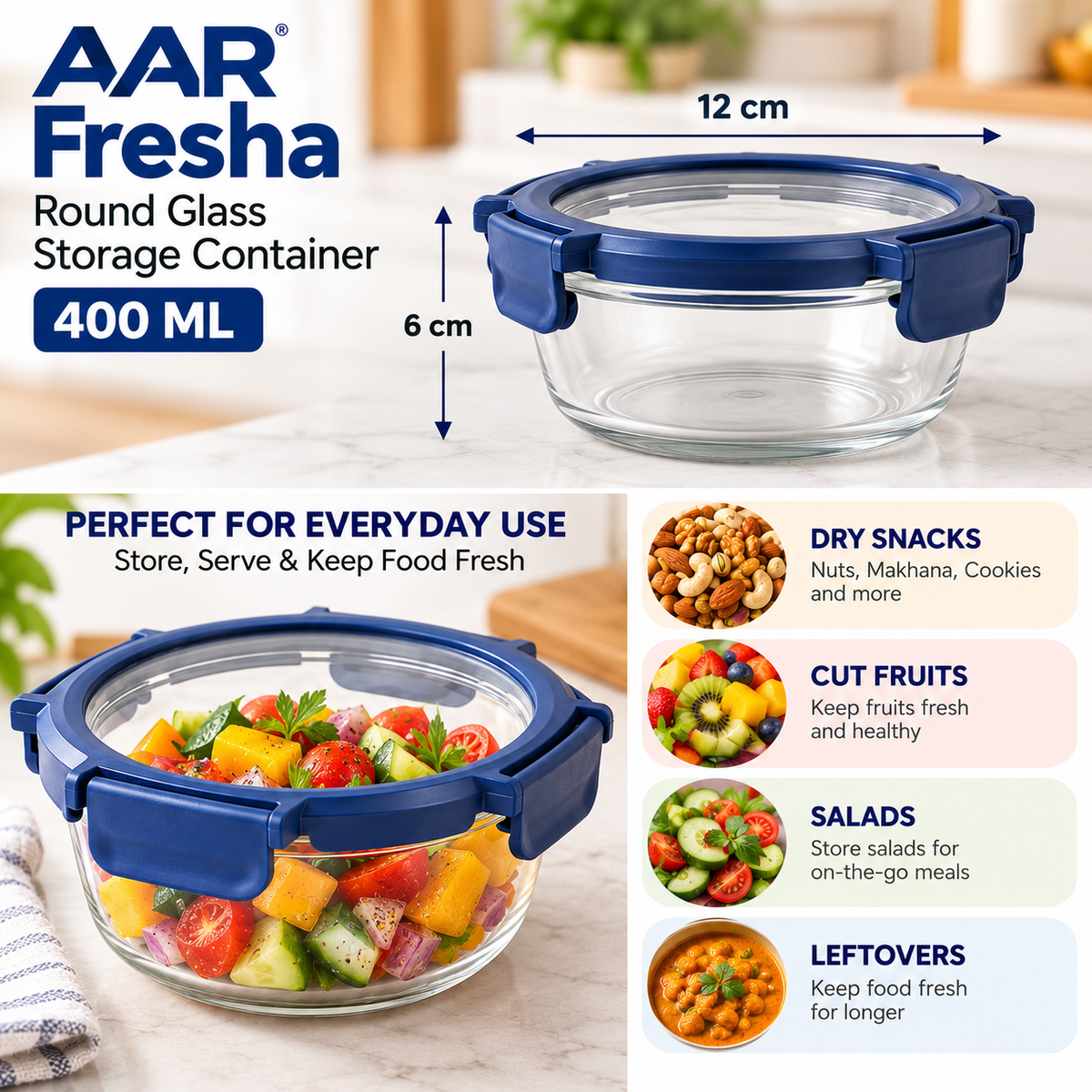 AAR Fresha Round 400 ML Glass Food Storage Container with Glass Lid | Airtight & Multipurpose Kitchen Container
