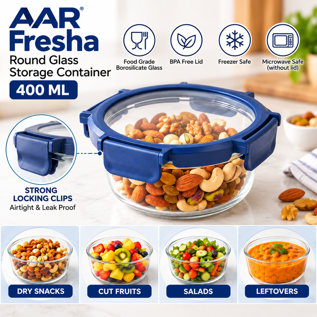 AAR Fresha Round 400 ML Glass Food Storage Container with Glass Lid | Airtight & Multipurpose Kitchen Container
