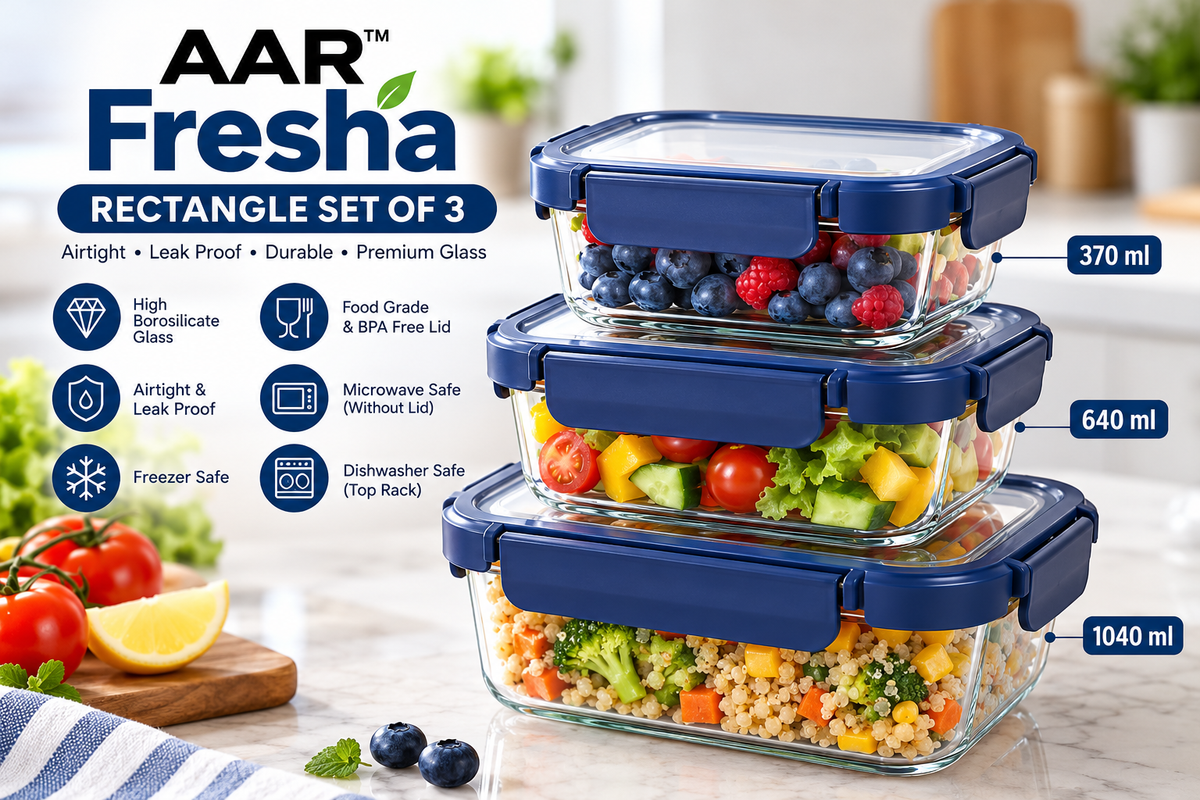 AAR Fresha Rectangle Glass Food Storage Containers Set of 3, 370ml + 640ml + 1040ml, Airtight Leakproof Blue Lids, Premium Borosilicate Glass Containers for Kitchen, Meal Prep, Snacks & Leftovers