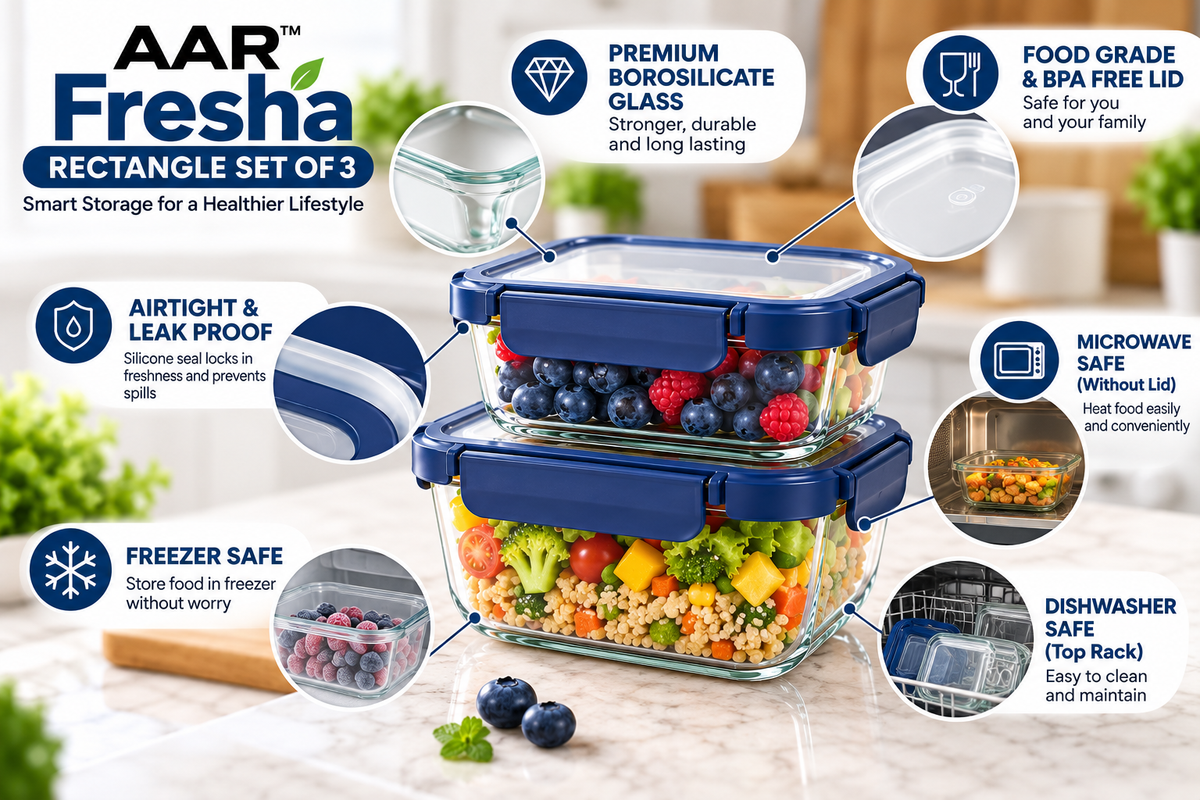 AAR Fresha Rectangle Glass Food Storage Containers Set of 3, 370ml + 640ml + 1040ml, Airtight Leakproof Blue Lids, Premium Borosilicate Glass Containers for Kitchen, Meal Prep, Snacks & Leftovers