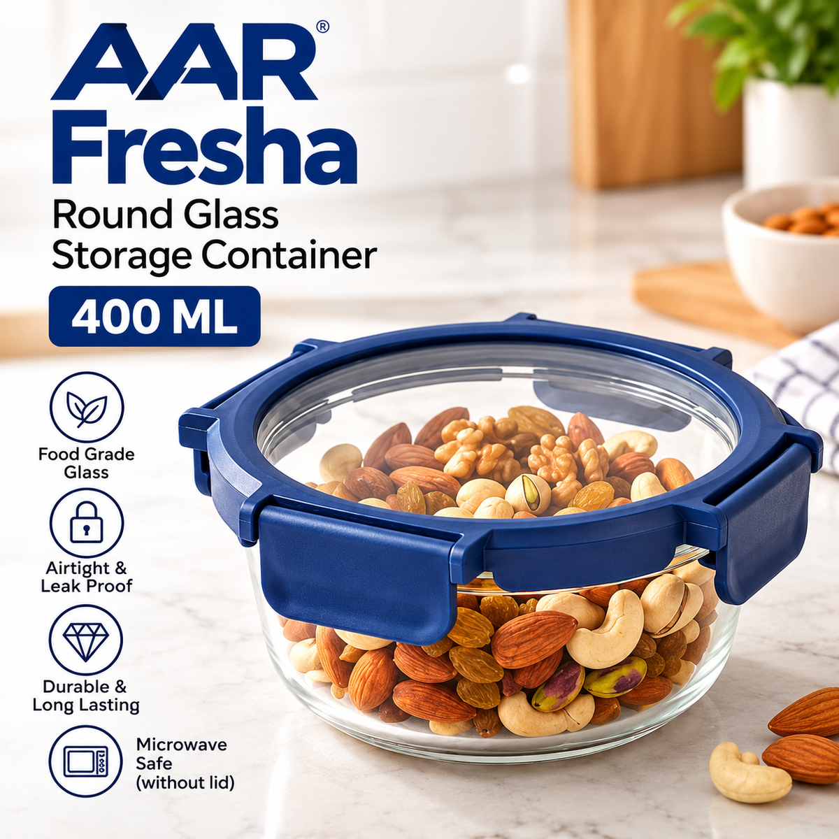 AAR Fresha Round 400 ML Glass Food Storage Container with Glass Lid | Airtight & Multipurpose Kitchen Container