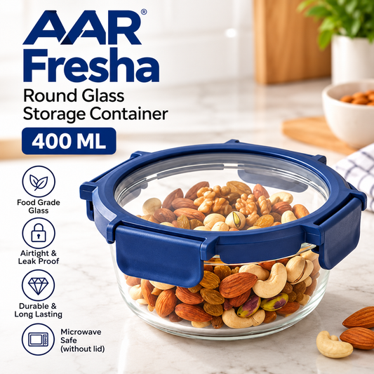 AAR Fresha Round 400 ML Glass Food Storage Container with Glass Lid | Airtight & Multipurpose Kitchen Container