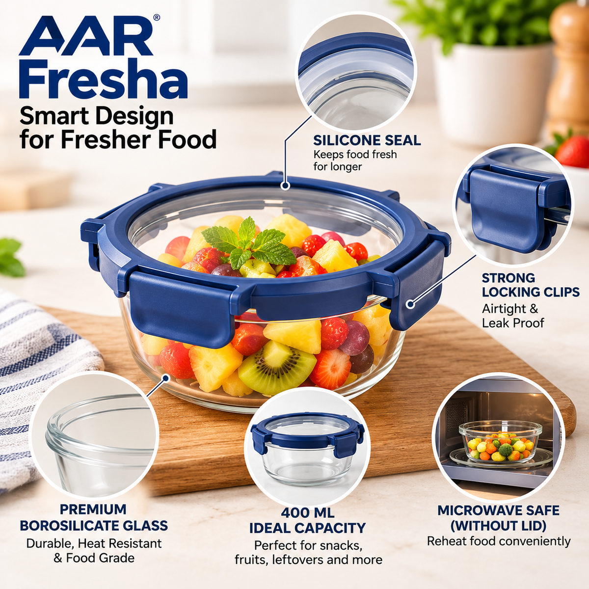 AAR Fresha Round 400 ML Glass Food Storage Container with Glass Lid | Airtight & Multipurpose Kitchen Container
