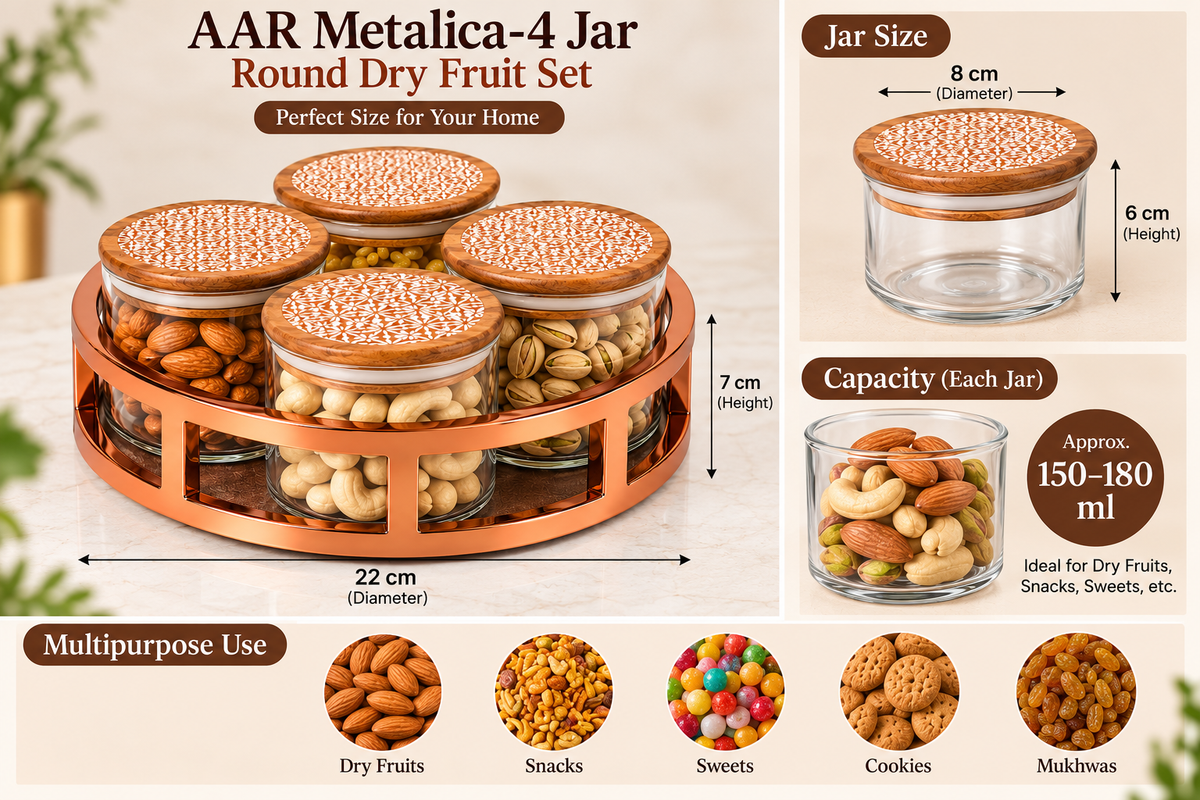AAR Metalica 4 Jar Round Dry Fruit Set for Kitchen & Dining | Stylish Storage Jars for Dry Fruits, Nuts, Snacks, Candies & Mouth Freshener | Decorative Dining Table Organizer