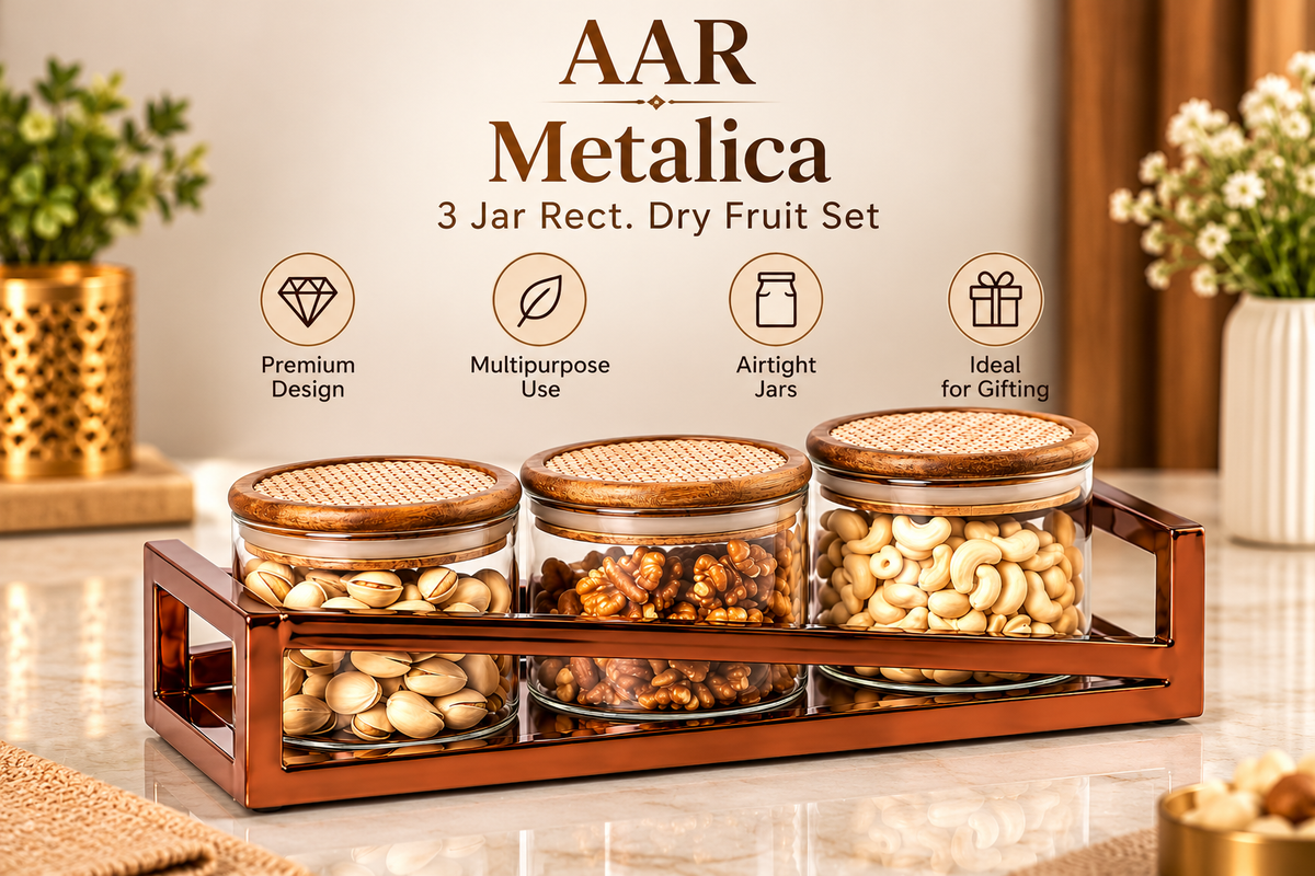 AAR Metalica 3 Jar Rectangular Dry Fruit Set for Kitchen & Dining | Stylish Storage Jars for Dry Fruits, Nuts, Snacks, Candies & Mouth Freshener | Decorative Table Organizer