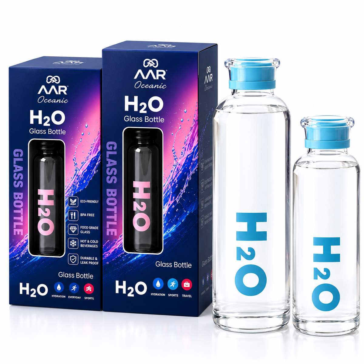 AAR Oceanic Glass Water Bottle Set of 2, 750ml & 500ml, BPA-Free Leak-Proof Glass Bottles for Home, Office, Gym & Travel