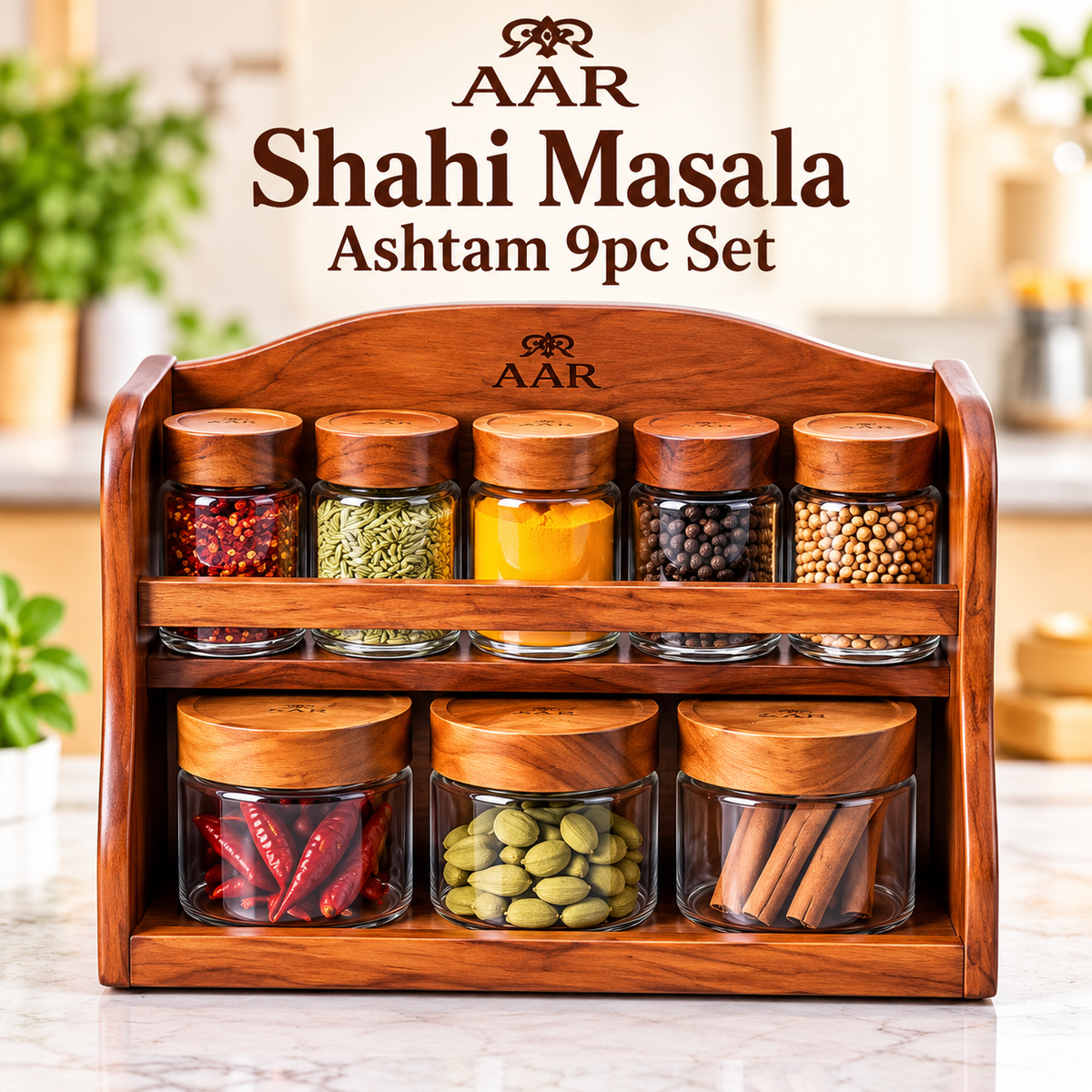 AAR Shahi Masala Ashtam 9 Piece Wooden Spice Rack Set with Glass Jars and Wooden Lids for Kitchen Storage