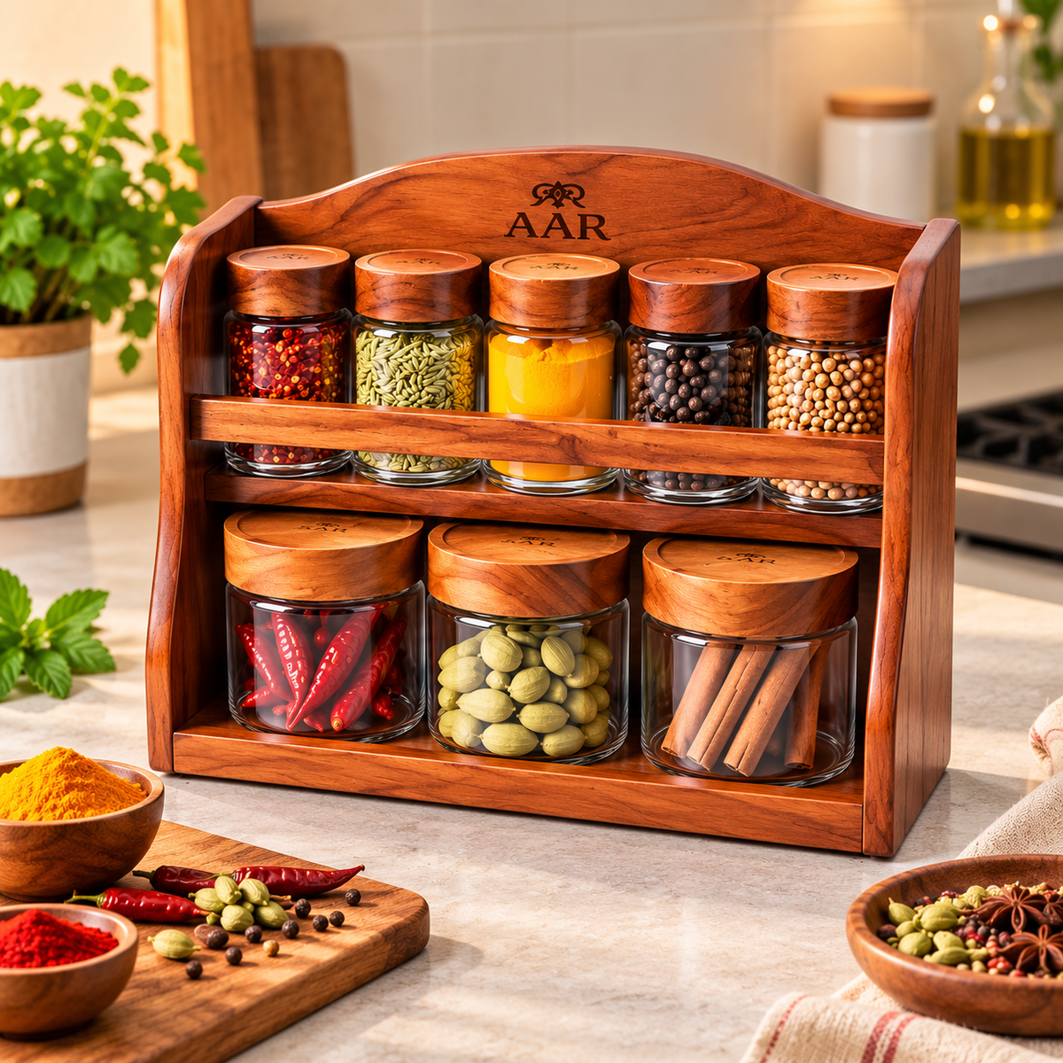 AAR Shahi Masala Ashtam 9 Piece Wooden Spice Rack Set with Glass Jars and Wooden Lids for Kitchen Storage