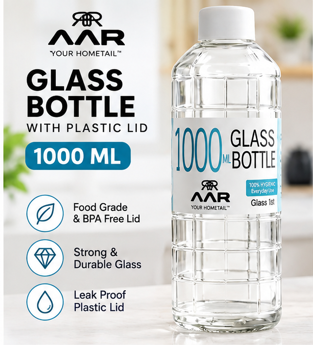 AAR Check Glass Water Bottle with Plastic Lid, 1000 ML, Reusable Drinking Bottle