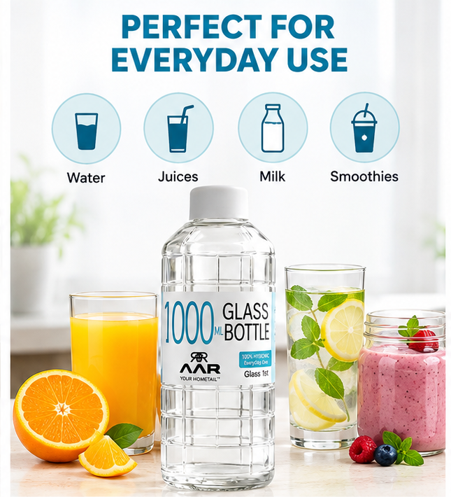 AAR Check Glass Water Bottle with Plastic Lid, 1000 ML, Reusable Drinking Bottle