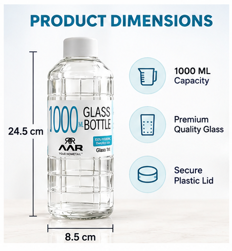 AAR Check Glass Water Bottle with Plastic Lid, 1000 ML, Reusable Drinking Bottle