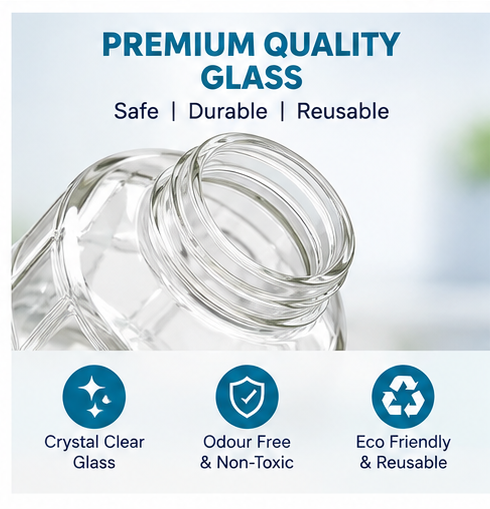 AAR Check Glass Water Bottle with Plastic Lid, 1000 ML, Reusable Drinking Bottle