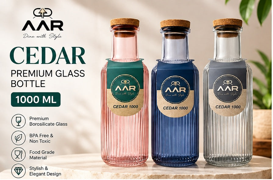 AAR Cedar Glass Water Bottle 1000 ML | Premium Ribbed Glass Bottle with Natural Cork Lid | Reusable Drinking Bottle for Home, Office & Trave