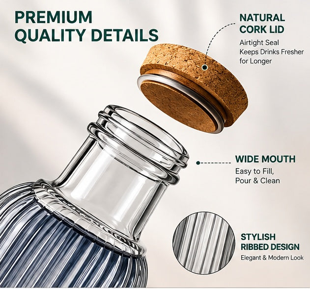 AAR Cedar Glass Water Bottle 1000 ML | Premium Ribbed Glass Bottle with Natural Cork Lid | Reusable Drinking Bottle for Home, Office & Trave