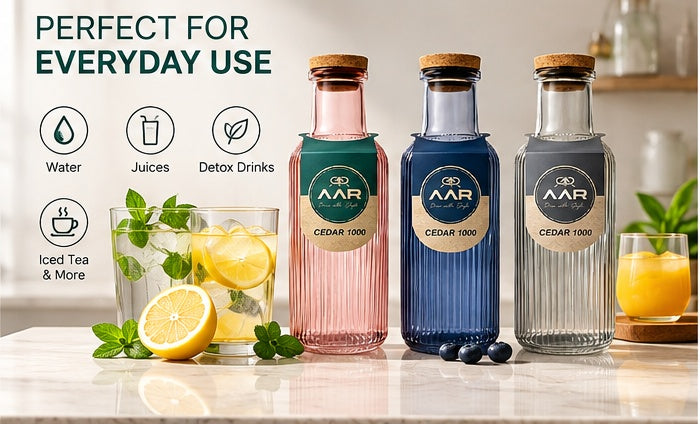 AAR Cedar Glass Water Bottle 1000 ML | Premium Ribbed Glass Bottle with Natural Cork Lid | Reusable Drinking Bottle for Home, Office & Trave