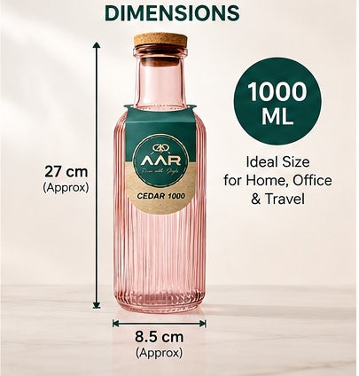 AAR Cedar Glass Water Bottle 1000 ML | Premium Ribbed Glass Bottle with Natural Cork Lid | Reusable Drinking Bottle for Home, Office & Trave