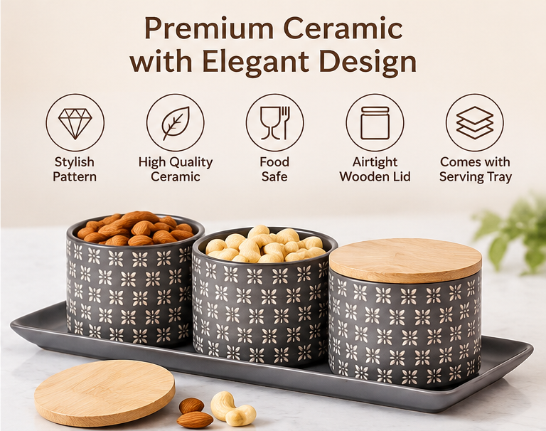 AAR Ceramica-3 Jar Dry Fruit Set | Stylish Storage Jar Set for Dry Fruits, Nuts, Snacks & Kitchen Decoration