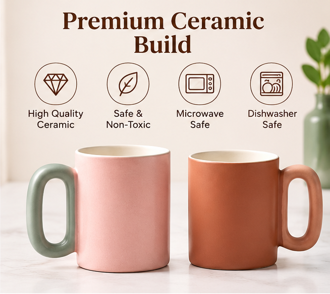 AAR Ceramica Halo Ceramic Coffee Mug Set of 2, Pink and Terracotta Mugs with Stylish Halo Handles for Tea, Coffee and Hot Beverages