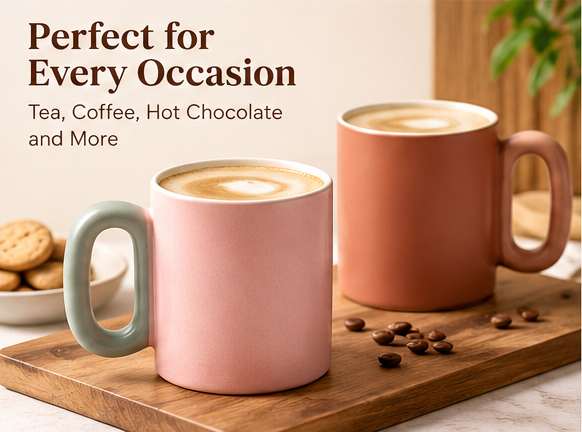 AAR Ceramica Halo Ceramic Coffee Mug Set of 2, Pink and Terracotta Mugs with Stylish Halo Handles for Tea, Coffee and Hot Beverages