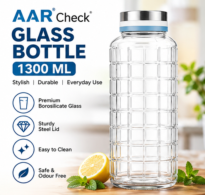 AAR Check Steel Lid Glass Bottle 1300 ML, Blue/White, Leak-Resistant Water Bottle