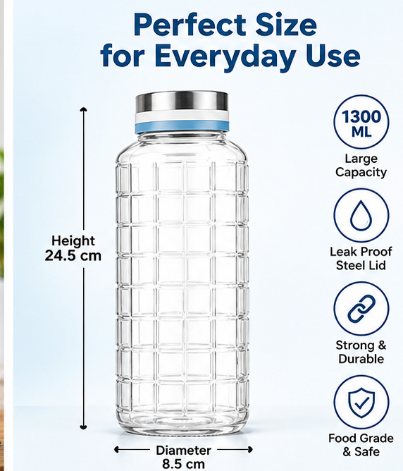 AAR Check Steel Lid Glass Bottle 1300 ML, Blue/White, Leak-Resistant Water Bottle