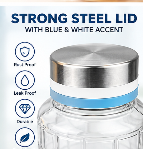 AAR Check Steel Lid Glass Bottle 1300 ML, Blue/White, Leak-Resistant Water Bottle