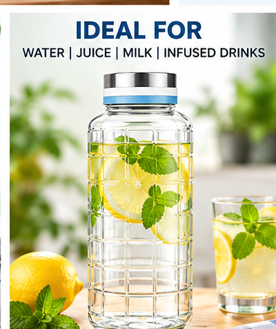 AAR Check Steel Lid Glass Bottle 1300 ML, Blue/White, Leak-Resistant Water Bottle