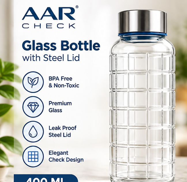 AAR Check Glass Water Bottle 400 ML with Steel Lid | Blue/White Lid | Stylish Check Design | Reusable Bottle for Home, Office & Travel