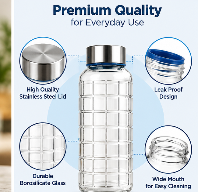 AAR Check Glass Water Bottle 400 ML with Steel Lid | Blue/White Lid | Stylish Check Design | Reusable Bottle for Home, Office & Travel