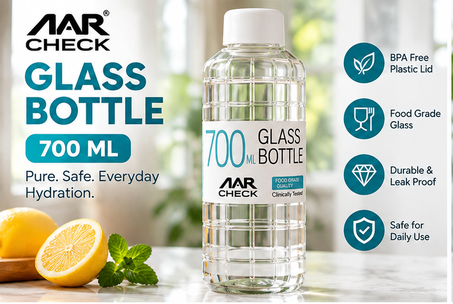 AAR Check Glass Water Bottle 700 ML with Plastic Lid | Clear Drinking Bottle for Home, Office, Gym & Travel | Reusable Water Bottle