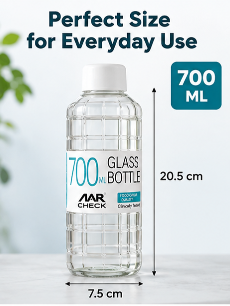 AAR Check Glass Water Bottle 700 ML with Plastic Lid | Clear Drinking Bottle for Home, Office, Gym & Travel | Reusable Water Bottle