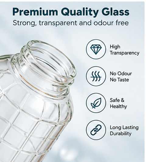 AAR Check Glass Water Bottle 700 ML with Plastic Lid | Clear Drinking Bottle for Home, Office, Gym & Travel | Reusable Water Bottle