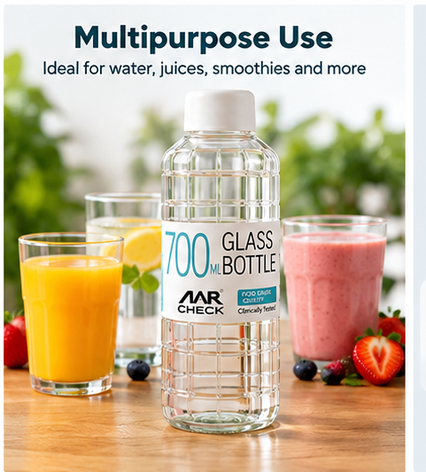 AAR Check Glass Water Bottle 700 ML with Plastic Lid | Clear Drinking Bottle for Home, Office, Gym & Travel | Reusable Water Bottle