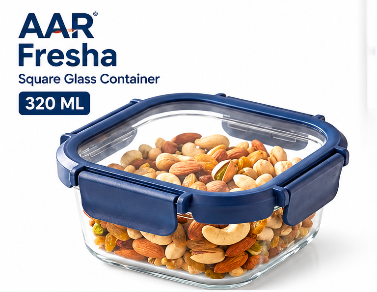 AAR Fresha 320 ML Square Glass Food Storage Container with Lid | Airtight & Leakproof | Borosilicate Glass Container for Kitchen, Snacks, Fruits & Leftovers