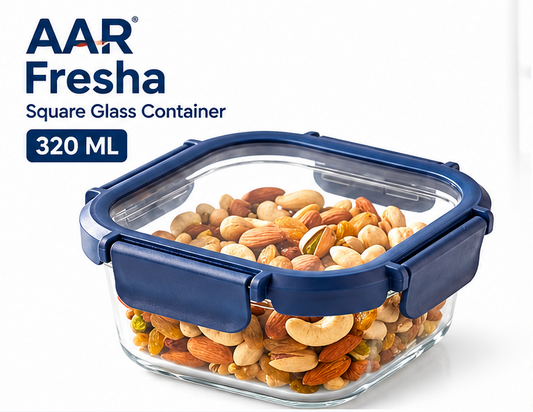 AAR Fresha 320 ML Square Glass Food Storage Container with Lid | Airtight & Leakproof | Borosilicate Glass Container for Kitchen, Snacks, Fruits & Leftovers