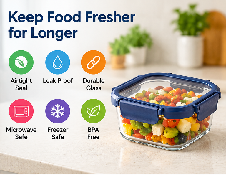 AAR Fresha 320 ML Square Glass Food Storage Container with Lid | Airtight & Leakproof | Borosilicate Glass Container for Kitchen, Snacks, Fruits & Leftovers