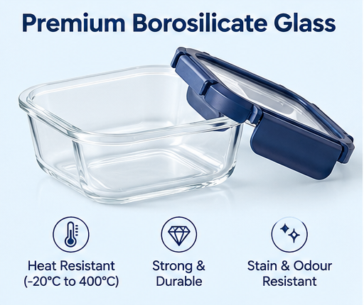 AAR Fresha 320 ML Square Glass Food Storage Container with Lid | Airtight & Leakproof | Borosilicate Glass Container for Kitchen, Snacks, Fruits & Leftovers