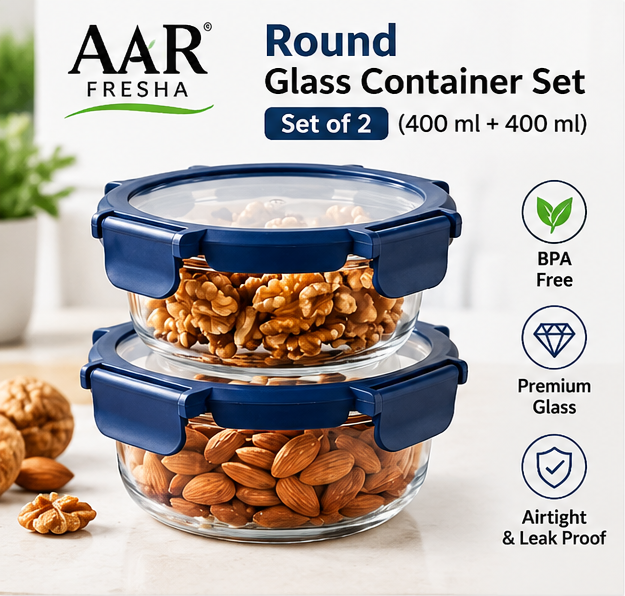 AAR Fresha Round Food Storage Container Set of 2, 400ml Each, Reusable Kitchen Containers for Food Storage, Snacks, Dry Fruits and Leftovers