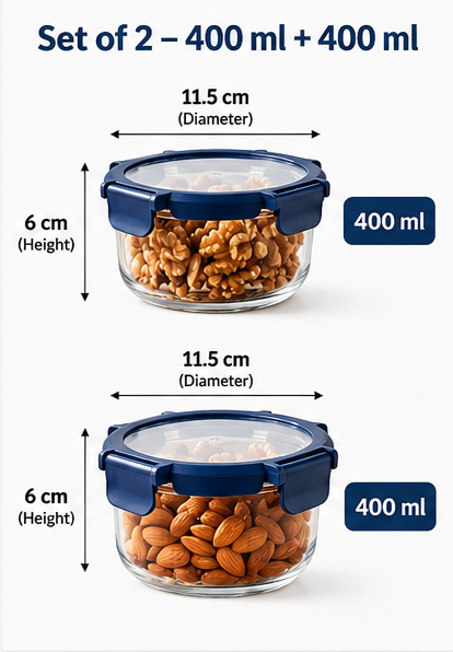 AAR Fresha Round Food Storage Container Set of 2, 400ml Each, Reusable Kitchen Containers for Food Storage, Snacks, Dry Fruits and Leftovers