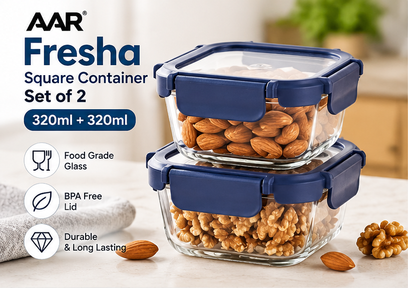 AAR Fresha Square Glass Storage Container Set of 2, 320ml Each, Airtight & Leakproof Lid with Silicone Seal, Food Grade Glass Containers for Kitchen Storage, Nuts, Fruits & Leftovers