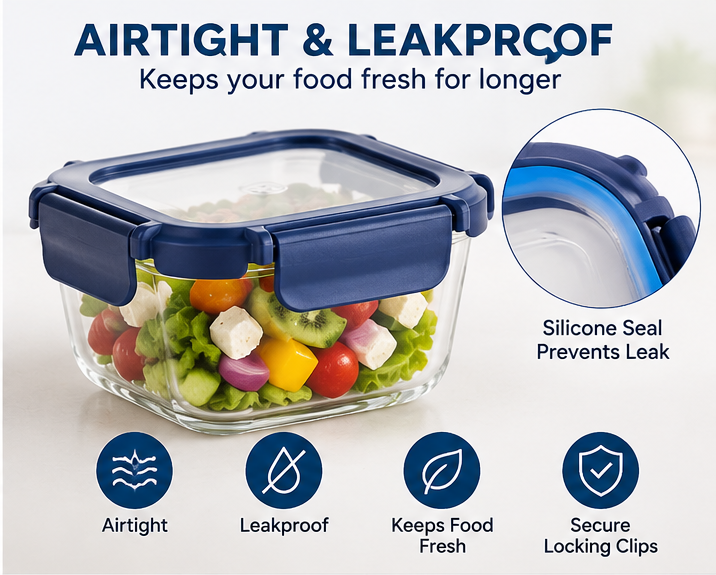 AAR Fresha Square Glass Storage Container Set of 2, 320ml Each, Airtight & Leakproof Lid with Silicone Seal, Food Grade Glass Containers for Kitchen Storage, Nuts, Fruits & Leftovers