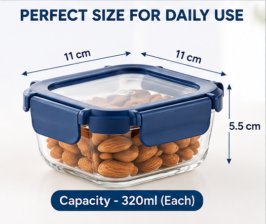 AAR Fresha Square Glass Storage Container Set of 2, 320ml Each, Airtight & Leakproof Lid with Silicone Seal, Food Grade Glass Containers for Kitchen Storage, Nuts, Fruits & Leftovers