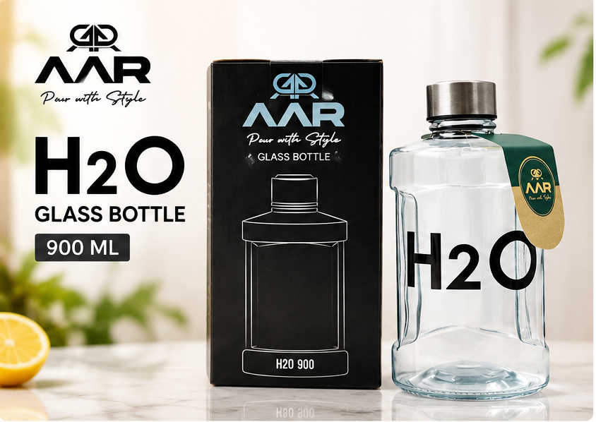 AAR H2O Glass Water Bottle 900 ML | Reusable Drinking Bottle with Leak-Proof Lid | Durable Glass Bottle for Home, Office & Travel